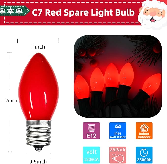 25 Pack C7 Red Ceramic Incandescent Replacement Bulbs, 5W Warm White 2200K, E12 Candelabra Base, Waterproof C7 Night Light Bulbs for Vintage Christmas Lights Outdoor Indoor Home Party Decorations - Bloomnest