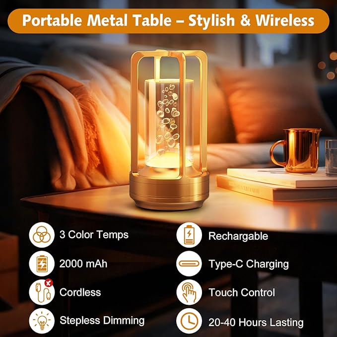 Portable Table Lamp for Outdoor Indoor: Cordless Rechargeable Desk Lamp with 3 Color Stepless Dimmable - Metal Battery Operated Small Lantern Light for Restaurant/Bedroom/Bar/Coffee Shop/Camping - Bloomnest