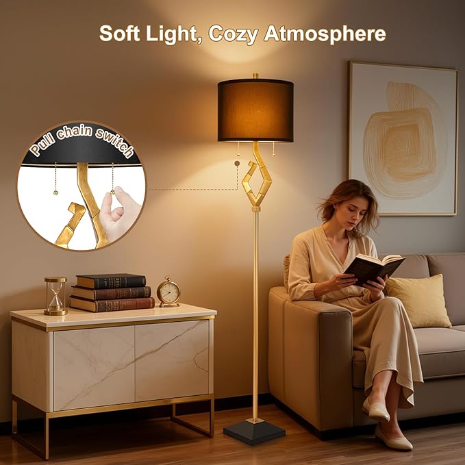 Sculptural Floor Lamp for Living Room Bedroom, 64.5” Pull Chains Standing Lamp, Gold Leaf Finish & Black Faux Silk Lamp Shade, Lighting Brightness Adjustable Lamp with Bulb Prefer for Home Decor - Bloomnest