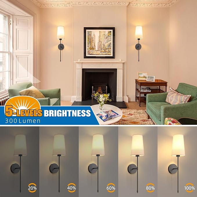 NIORSUN Black Battery Operated Wall Sconce Set of 2,Rechargeable Wall Lights with 5200mAh Dimmable Detachable Bulbs and Remote,9 Colors Wireless Sconces for Bedroom Living Room Hallway - Bloomnest