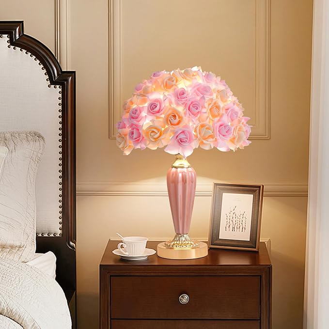 Pink Flowers Lamp Beautiful Yellow Flower Bedside Lamp Romantic Rose Bouquet Table Lamp for Wedding Girl Bedroom Valentines Dating Living Room Hotel Office Endtable - Bloomnest