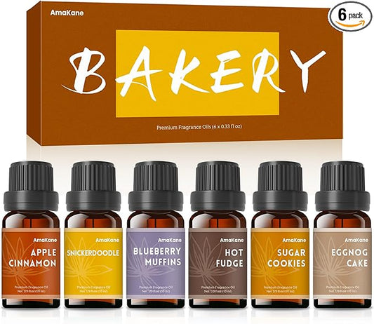 AmaKane Bakery Fragrance Oils, Fall Essential Oils for Diffuser, Candle Making, Soap Scents- Apple Cinnamon, Sugar Cookies, Snickerdoodle, Eggnog Cake, Blueberry Muffin, Hot Fudge, 6x10ml - Bloomnest