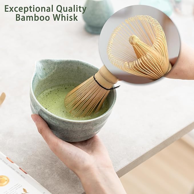 Matcha Kit Set, Matcha Whisk Set Includes Matcha Bowl And Holder, Bamboo Matcha Whisk, Scoop and Matcha Sifter, 17 oz Mottled Blue Glaze Ceramic Matcha Kit for Tea Lovers - Bloomnest
