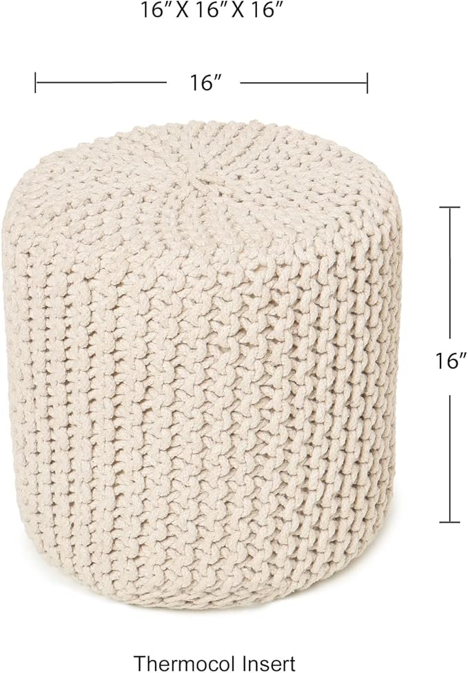 REDEARTH · Cylindrical Hand Knitted Pouf - Foot Stool Ottoman - Cord Boho Pouffe - Cotton Round Poof for Home Decor - Living Room - Nursery - Bedroom - Patio (16" x 16" x 16") - Ivory - Bloomnest