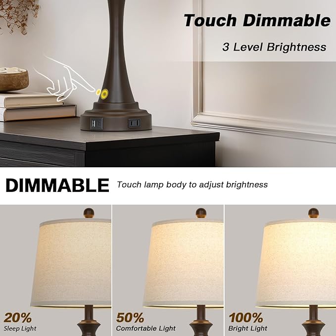29" Brown Table Lamps Set of 2, Tall Bedside Lamps with USB C+A Ports, 3-Way Dimmable Touch Table Lamp, Nightstand Lamps for Bedroom,Modern Brown Lamps with Beige Lampshade, Bulbs Included - Bloomnest