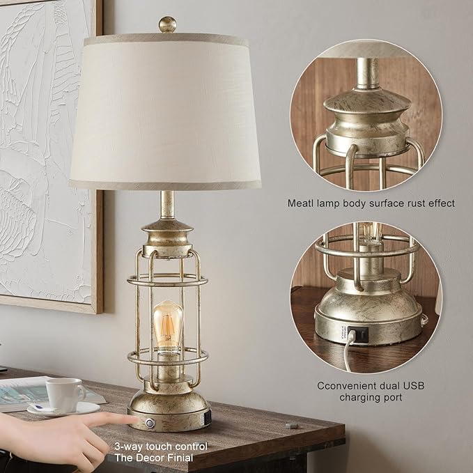28.5" Retro Industrial Table Lamp for Living Room Bedroom Set of 2 Dimmable Touch Control Bedside Farmhouse Lamps with USB A+C Charging Ports and 2 Light Sources - Bloomnest