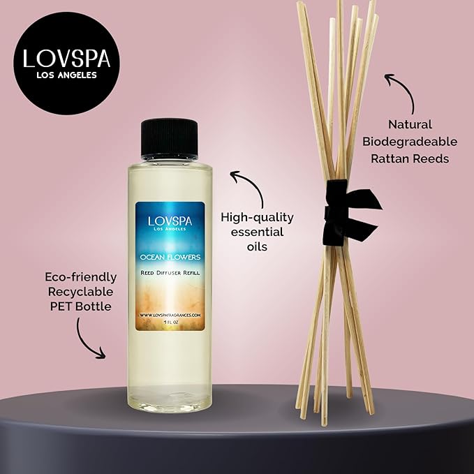 LOVSPA Ocean Flowers Diffuser Oil - Luxury Essential Oils for Diffuser Refill & Air Freshener Room Spray - Long-Lasting & Natural Home Fragrance, Scented Oil for Diffusers, USA Made, 4oz - Bloomnest