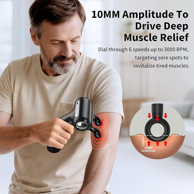 Dual-Head Massage Gun with Extension Handle, 3-in-1 Detachable Handheld Percussion Muscle Massager for Back Neck Shoulder Body Deep Tissue Pain Relief - 6 Speeds Levels (Black) - Bloomnest