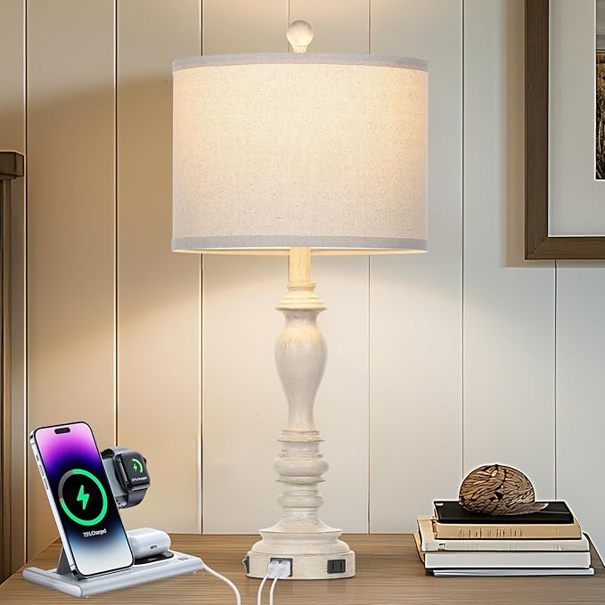 28" Table Lamps with USB C+A Ports & AC Outlets, Farmhouse Rustic Table Lamps Set of 2, Vintage End Table Nightstand Resin Bedside Lamp for Living Room Bedroom, Fabric Linen Shade Washed Antique Beige - Bloomnest