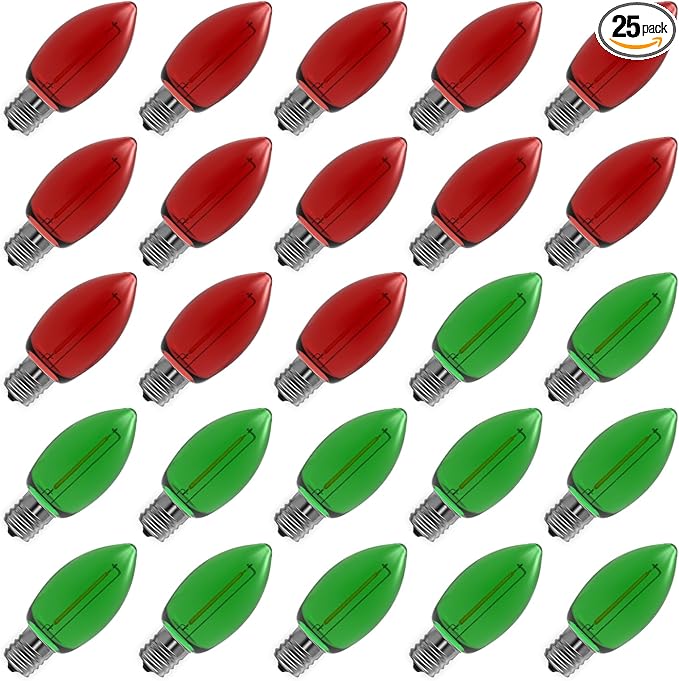 Meconard C9 Led Replacement Christmas Light Bulbs, C9 Shatterproof Led Bulbs for Christmas Indoor Outdoor String Lights, Mini Bulb Intermediate E17 Base Decor Red Light Bulbs Green Light Bulb, 25 Pack - Bloomnest