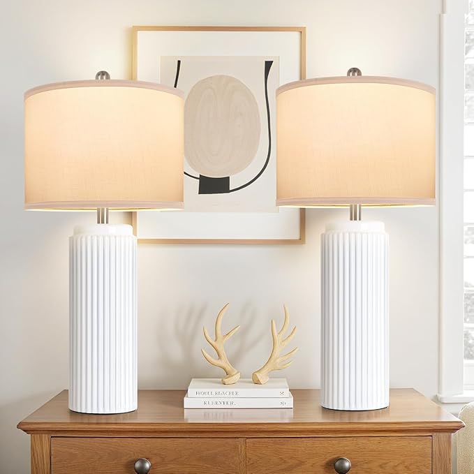 TOBUSA 28’’ Modern White Ceramic Lamps Set of 2 for Living Room, Vintage Nightstand Lamps for Bedroom, Farmhouse Bedside Lamps with Linen Shade, Elegant Decor Lamp Sets for Home Office - Bloomnest