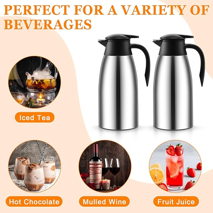 Norme 2 Pcs Thermal Coffee Carafe Insulated Stainless Steel Coffee Carafe for Hot Liquid Vacuum Thermal Pot Creamer Pitcher Dispenser with Brushes Keeping Hot Water Milk(Silver,68 oz) - Bloomnest