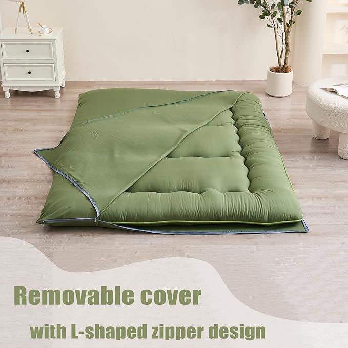 Japanese Floor Mattress, Futon Mattress with Portable Storage Bag and Washable Cover, Roll Up Thick Tatami Mat Suitable for Camping, Guest Room, Green, Queen - Bloomnest