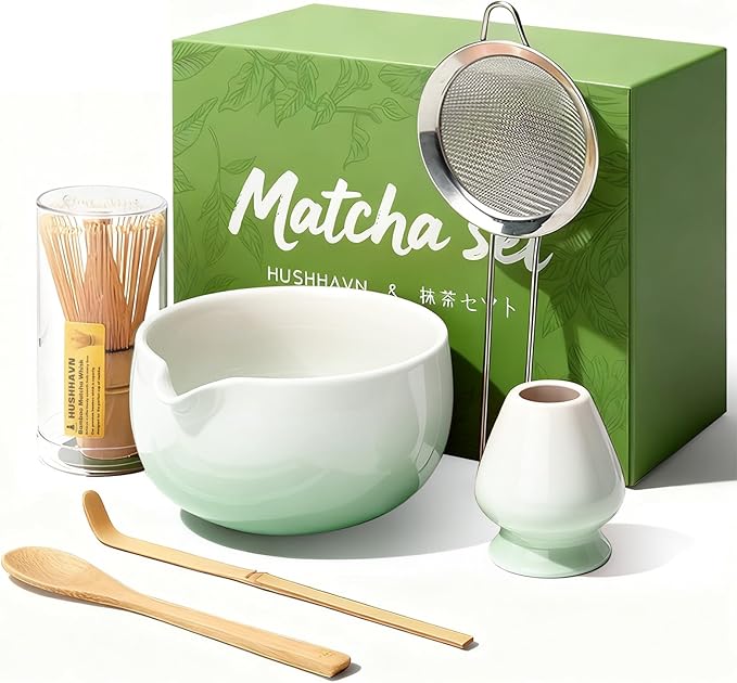 Matcha Whisk Set, Ceramic Matcha Set Includes Bowl & Holder, Bamboo Whisk (Chasen), Scoop, Spoon and Sifter, 6PCS Matcha Kit Covers Everything Needed for Making Matcha (Green) - Bloomnest
