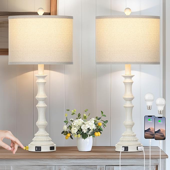 27.5" Tall Table Lamp for Living Room Set of 2, Vintage Farmhouse Table Lamps with USB C+A Ports, 3-Way Dimmable Touch Bedside Lamps, Tradition Bedroom Lamps for Nightstand Side End Table Desk, White - Bloomnest