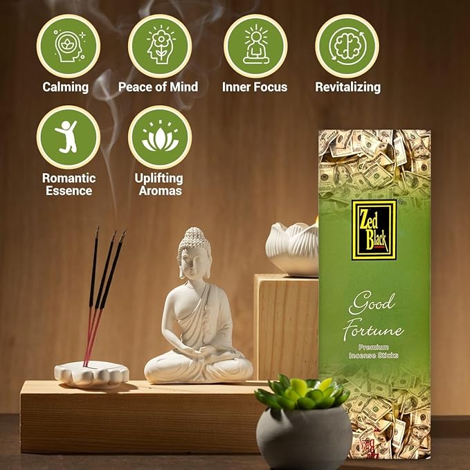 ZED BLACK Premium Good Fortune Natural Incense Sticks - 20 Sticks Per Box & 6 Boxes Inside (Total 120 Sticks) - Alluring Aroma for Home, Office & Meditation Spaces.