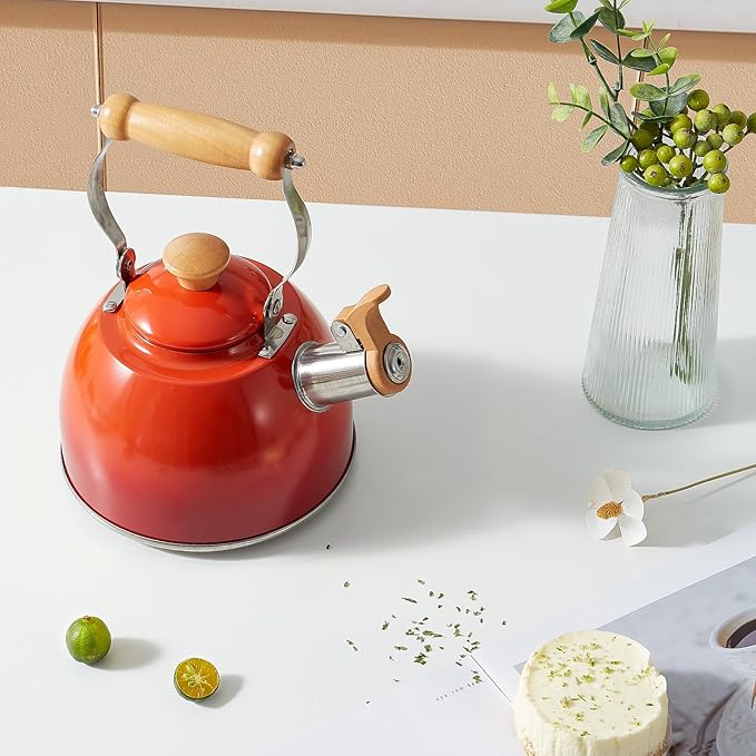 ROCKURWOK Tea Kettle, Tea Pot with Cool Touch Ergonomic Handle, Teapot Food Grade Stainless Steel, Tea Kettle Stovetop, Kettle Teapot, Whistling Tea Kettle, Small Tea Pot, 1.6 Quart (Red) - Bloomnest