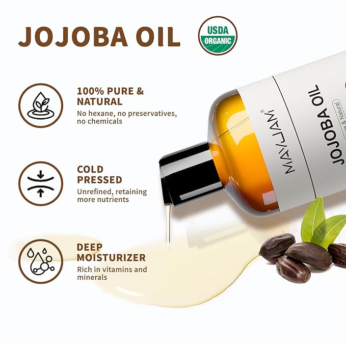 MAYJAM 16 Oz Jojoba Oil for Skin, USDA Certified Cold Pressed Jojoba Oil for Hair, Face, Body, Ear Stretch, Nails,Massage, Deeply Moisturizing, Carrier Oil for Essential Oils Mixing(473ML) - Bloomnest
