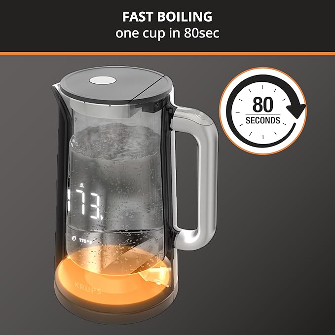 KRUPS Smart Temp Electric Kettle: 1.7L Capacity, 5 Precise Temperature Settings, Digital Display, Cool-Touch Exterior, Cordless Design for Tea and Coffee Lovers - Bloomnest