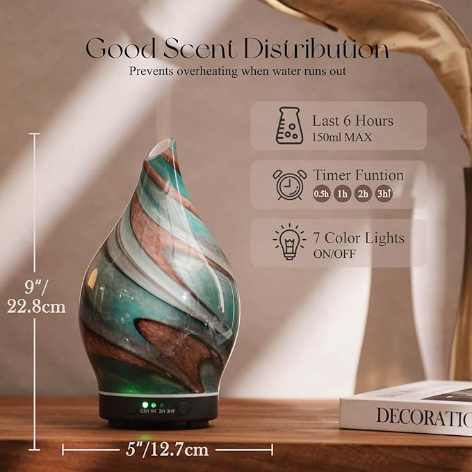 Porseme 150ml Essential Oil Diffuser Glass Color Changing Aroma Air Diffusers Aromatherapy Ultrasonic Cool Mist Humidifier 4 Running Hours Waterless Auto-Off for Sleeping Yoga Office Spa (Teal Green) - Bloomnest