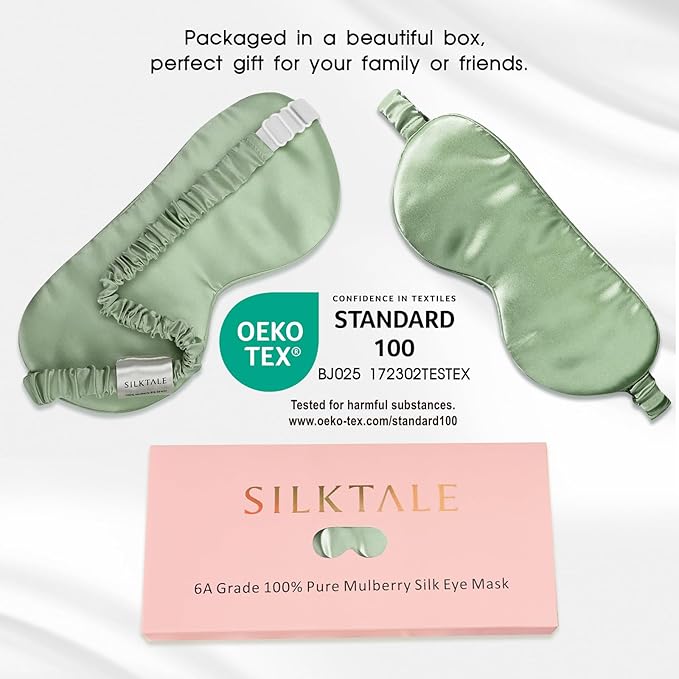 100% Mulberry Silk Eye Mask for Sleeping with Silk Wrapped Adjustable Strap,Sage Green - Bloomnest
