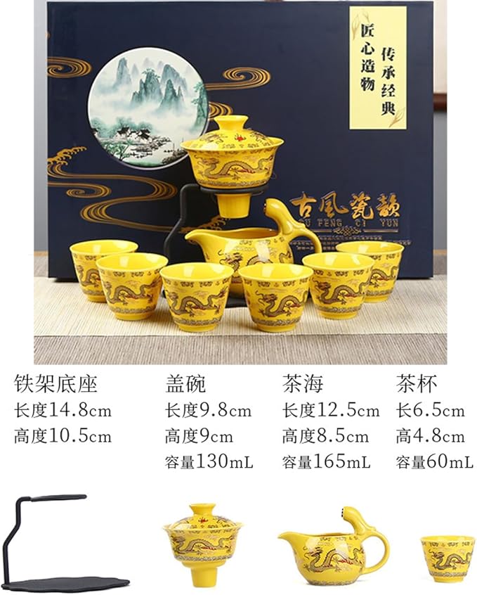 Chinese Gongfu Tea Gift Set, Semi Automatic Drip Rotating with Infuser Handmade Ceramics Tea Pot 6 Cups Yellow Dragon - Bloomnest
