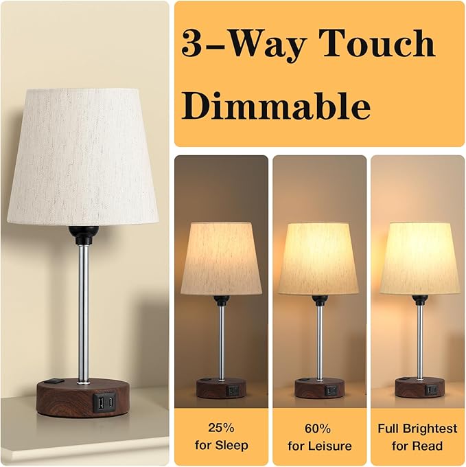 Acaxin Reddish Brown Bedside Lamps Set of 2 - Nightstand Bedroom Lamp with USB C Port and AC Outlet Charging, 3 Way Dimmable Touch Control Small Bed Side Table Lamp, Nightstand Light - Bloomnest