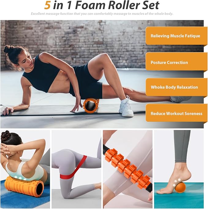 5 in 1 Foam Roller Set for Deep Tissue Muscle Massage, Trigger Point Fitness Exercise Foam Roller, Massage Roller, Massage Ball, Stretching Strap, for Whole Body(Orange-Black) - Bloomnest