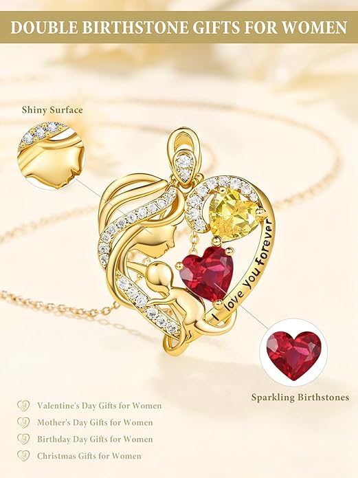 14K Gold Double Birthstone Heart Necklace for Women Mom, Mother Son/Daughter Pendant Necklace for Christmas Mother's Day Birthday Gifts for Wife Daughter Grandmom - Bloomnest