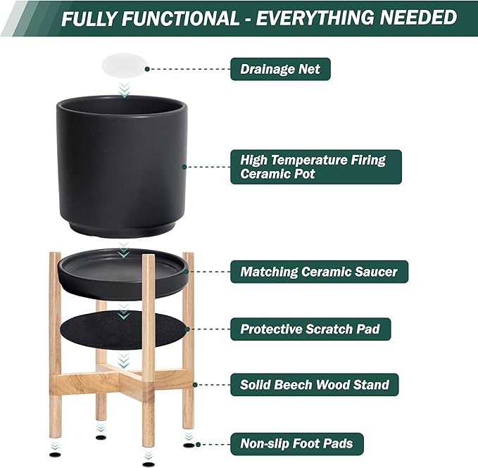 D'vine Dev Ceramic Planter with Natural Stand - 12 Inch Modern Round Flower Pot with Wood Planter Holder, Black, 55-B-J-2 - Bloomnest