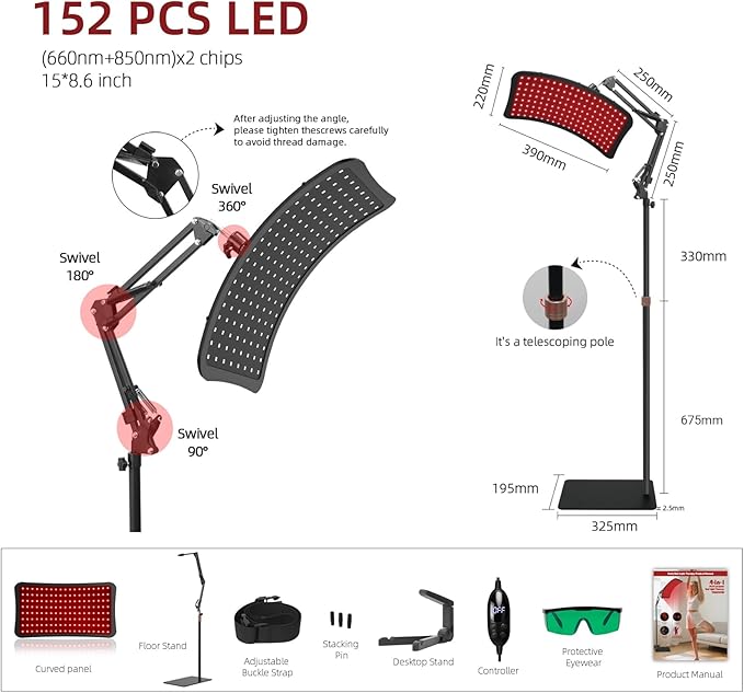 Red Light Therapy for Face and Body, 4-in-1 Red Infrared Light Therapy lamp with 660nm Visible Red Light & 850nm Invisible Infrared Light with Floor Stand,Infrared Light Therapy for Body KQO