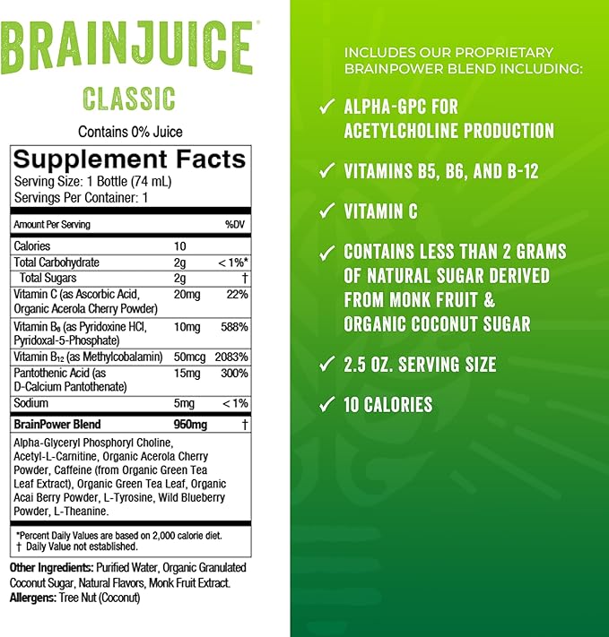 BrainJuice Focus & Energy Drink Shots, Nootropics with Alpha GPC, B Vitamins & Organic Green Tea Caffeine, Supports Focus, Memory & Clarity, Non-GMO, Gluten Free, Classic, 2.5 fl oz, 12 Pack - Bloomnest