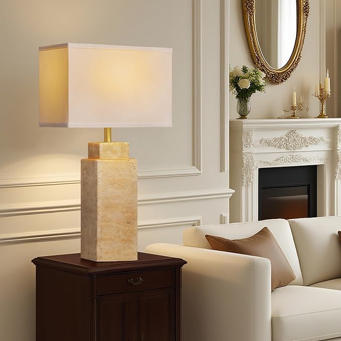 27.6" Vintage Table lamp, Farmhouse Bedside Table Lamps for Bedroom, Living Room, Dining Office, Huangdong Stone Color Lamp Base with White Linen - Bloomnest