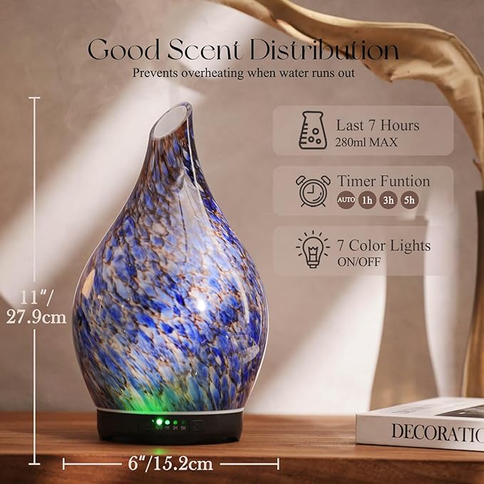 Porseme 280ml Essential Oil Diffuser Glass Color Changing Aroma Air Diffusers Aromatherapy Ultrasonic Cool Mist Humidifier 7 Running Hours Waterless Auto-Off for Sleeping, Yoga, Office (Deep Blue) - Bloomnest