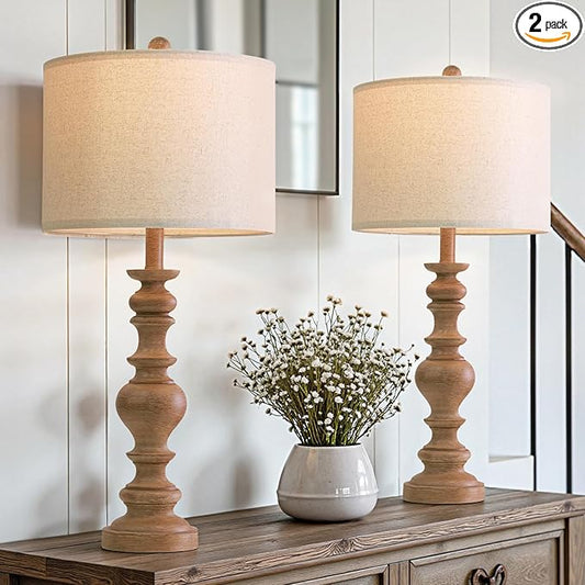 BOBOMOMO 27" Light Brown Table Lamps Set of 2, Large Farmhouse Resin Lamps with Linen Shades, Rustic Vintage Lamps for Living Room, Bedroom, Console Table or Entryway Home Lighting - Bloomnest