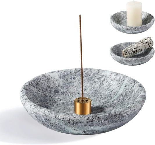 Koville Natural Marble Incense Holder, Incense Holder for Sticks with 9 Holes, Handmade Incense Burner Ash Catcher for Meditation Yoga SPA, Balsam Fir/Palo Santo/Sage/Cone (Grey)