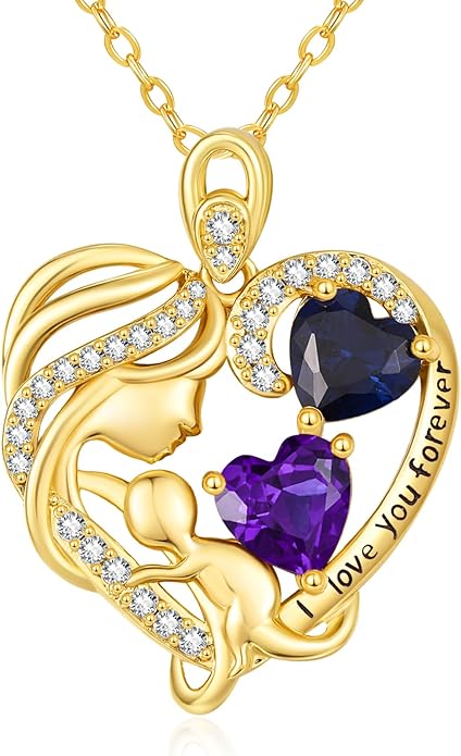 14K Gold Double Birthstone Heart Necklace for Women Mom, Mother Son/Daughter Pendant Necklace for Christmas Mother's Day Birthday Gifts for Wife Daughter Grandmom - Bloomnest