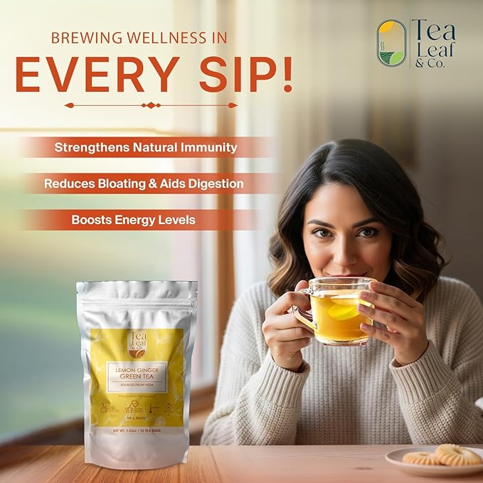 Lemon Ginger Green Tea Bags (50 Count), Green Tea with Orange Peel, Black Pepper & Mint Extract, Caffeinated, Real and Natural Green Tea, Blended with Fresh Herbs and Spices, Gluten Free - Bloomnest
