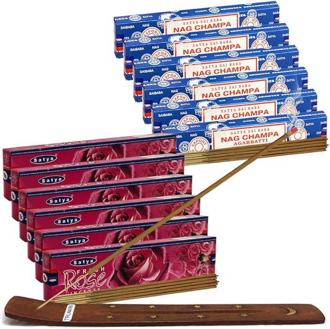 Nag Champa Incense Sticks and Fresh Rose Incense Sticks with Incense Holder Bundle for Home Fragrance and Spiritual Décor TRUMIRI