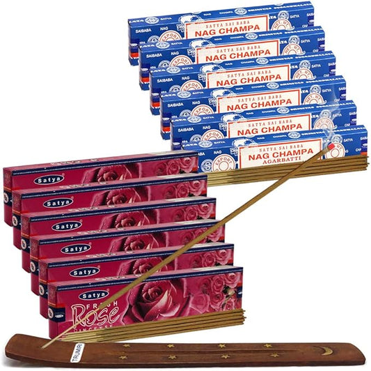 Nag Champa Incense Sticks and Fresh Rose Incense Sticks with Incense Holder Bundle for Home Fragrance and Spiritual Décor TRUMIRI