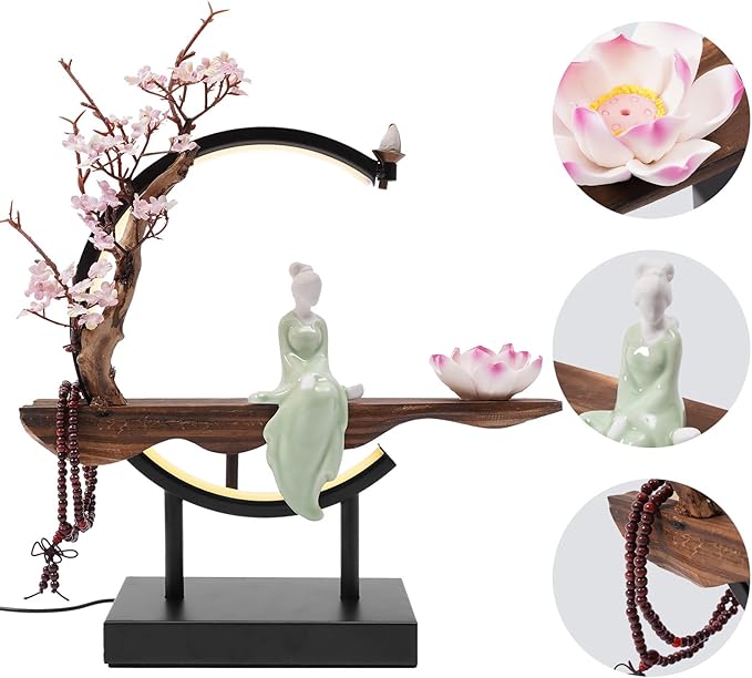 Backflow Incense Holder Incense Burner with Adjustable LED Light Ring Chinese Style Handmade Flower Censer,Compatible with Cone and Stick Incense (C) - Bloomnest