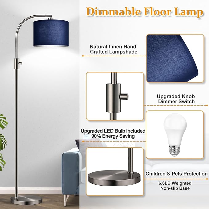 【Upgraded】 Dimmable Brushed Nickel Floor Lamp, 1200 Lumens LED Bulb Included, Arc Floor Lamps for Living Room Modern Standing Lamp with Blue Shade, Tall Lamp for Living Room Bedroom Office Study room - Bloomnest