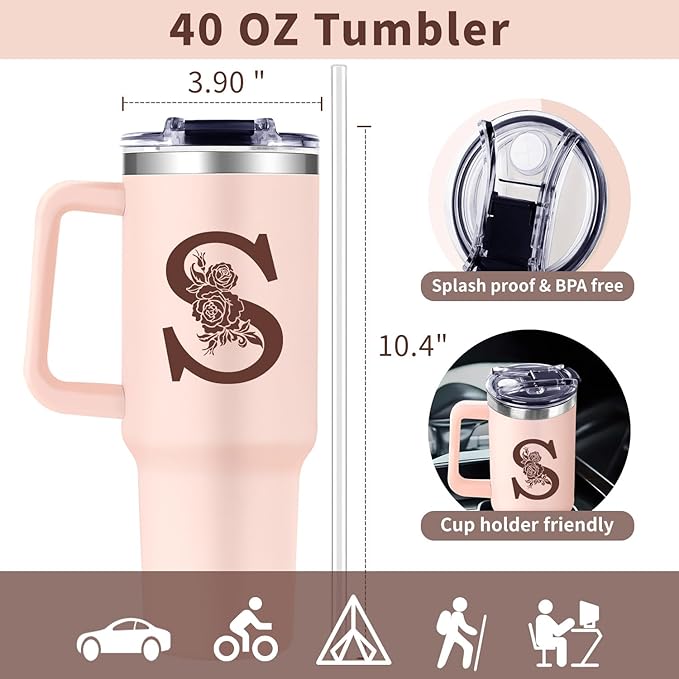 Monogrammed 40oz Tumbler with Handle for Women, Personalized Birthday Gifts for Women,Initial Cups for Woman Pink Letter S,Customized Gifts for Female Lady Gift for Mothers Day Christmas - Bloomnest
