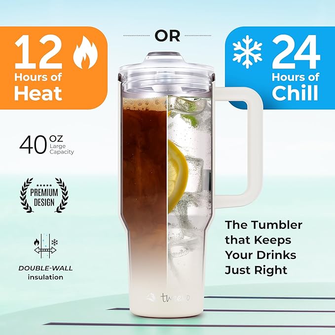 40 oz Tumbler With Handle and Straw Made of Stainless Steel - Double Wall Vacuum Insulated Tumbler With Lid - Sweat Proof Easy Grip, BPA-Free, Dishwasher Safe Tumbler (Cream) - Bloomnest