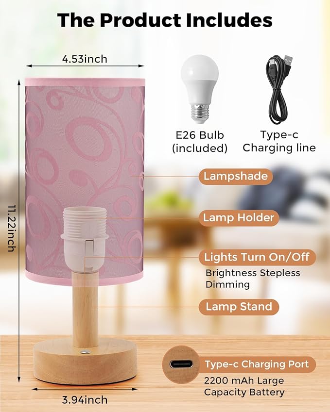 Cordless Table Lamp, 2200mAh Battery Operated Desk Lamp, Touch Bedside Lamps for Night Stands, Warm Light Mini Boho Lamp, Wood Base Round Flaxen Fabric Shade for Living Room,LED Bulb Included (Purple) - Bloomnest