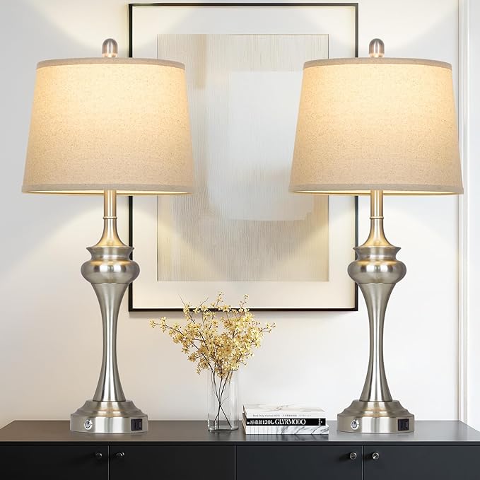 30" Silver Table Lamps Set of 2, 3 Way Touch Control Living Room Lamp with USB A+C Ports, Modern Brushed Nickel Bedroom Lamps, Tall Metal Bedside Lamp for Nightstand Desk Side Table Office - Bloomnest