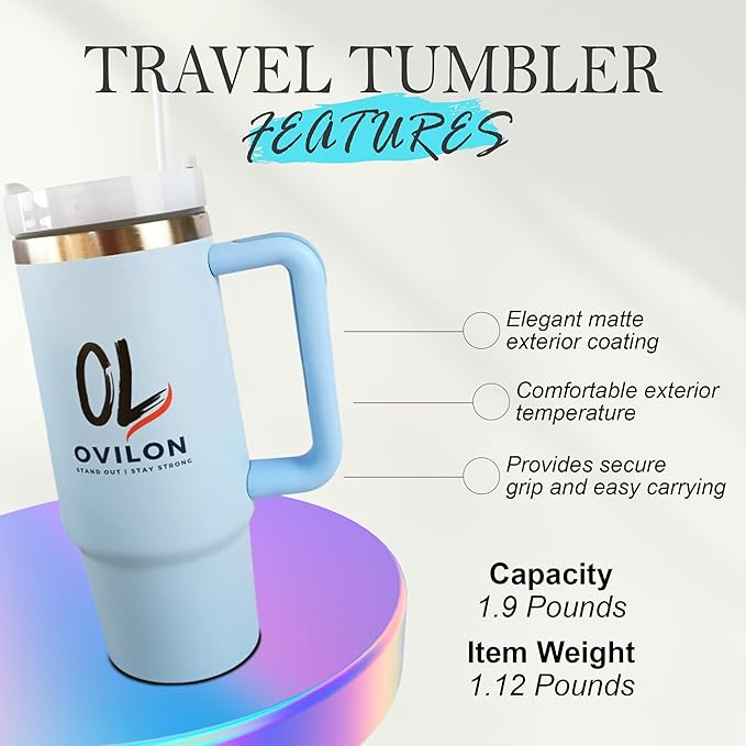 Ovilon Premium Travel Tumbler with Handle – Insulated Hot & Cold Drink Cup, Easy Grip, Leak-Proof Lid, Stainless Steel Mug (Coral Pink, 30oz) - Bloomnest