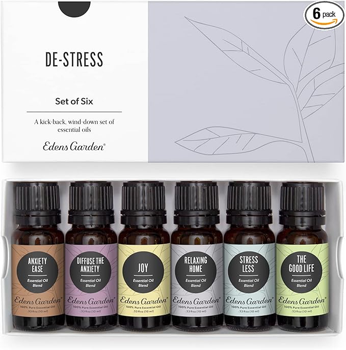 Edens Garden Essential Oils De-Stress 6 Set – 100% Pure Therapeutic Grade, Undiluted Aromatherapy Blends for Relaxation, Calming & Mood – Ideal for Diffusers, Home, Office & Self-Care, 10 ml/ 6 Pack - Bloomnest