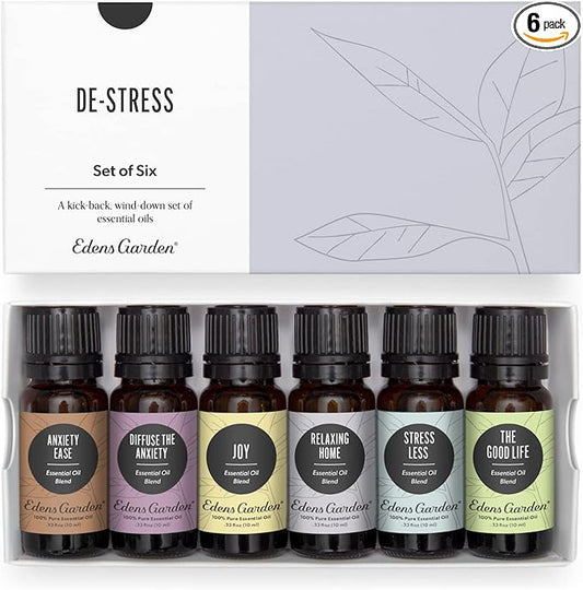 Edens Garden Essential Oils De-Stress 6 Set – 100% Pure Therapeutic Grade, Undiluted Aromatherapy Blends for Relaxation, Calming & Mood – Ideal for Diffusers, Home, Office & Self-Care, 10 ml/ 6 Pack - Bloomnest