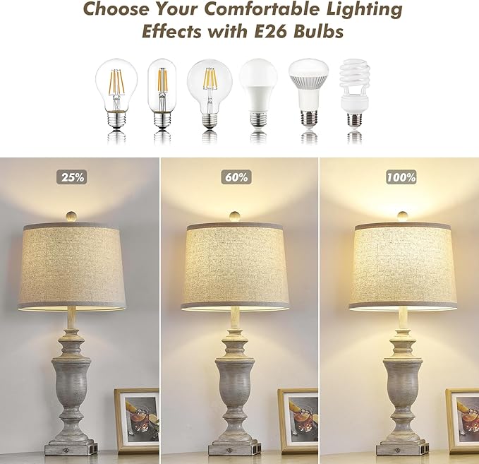 27.5" Set of 2 Farmhouse Table Lamps for Bedroom, 3 Way Dimmable Bedside Lamp with 2 USB +AC Outlet Nightstand Lamps for Living Room Resin Rustic Touch Lamps (Antique Gray) - Bloomnest